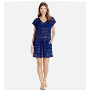 Calvin Klein Womens Blue Mesh swim Cover-Up Dress Drawstring Pockets size large
